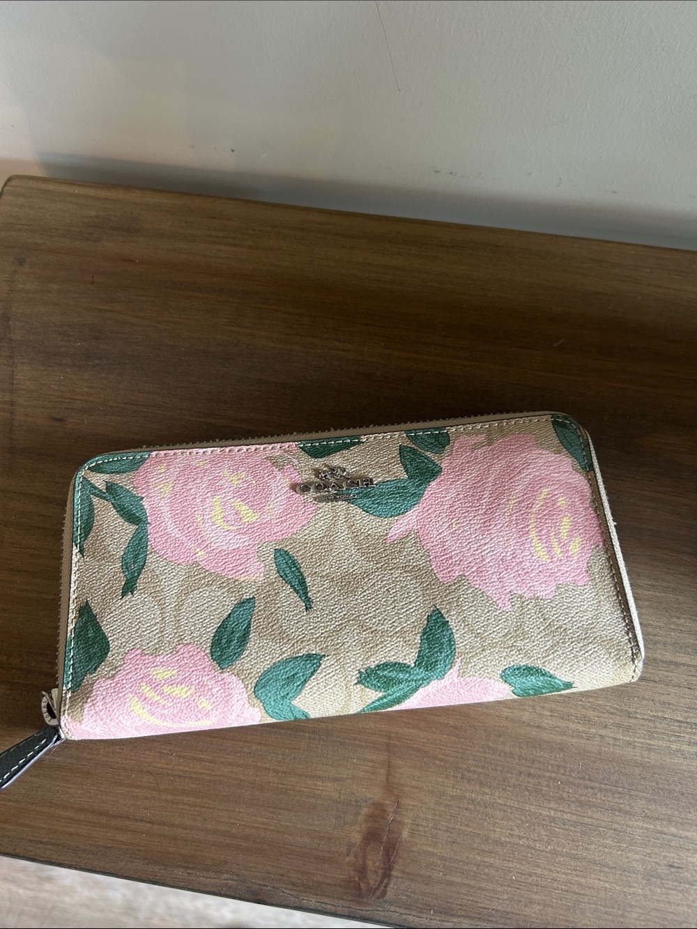Coach Floral Zip-Around Wallet in Pink and Green on Beige GUC